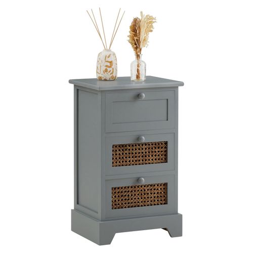 Chiffonnier Roshni 3 Tiroirs, Petit Meuble De Rangement Design Vintage Élégant, Commode En Bois Lasuré Gris Et Rotin
