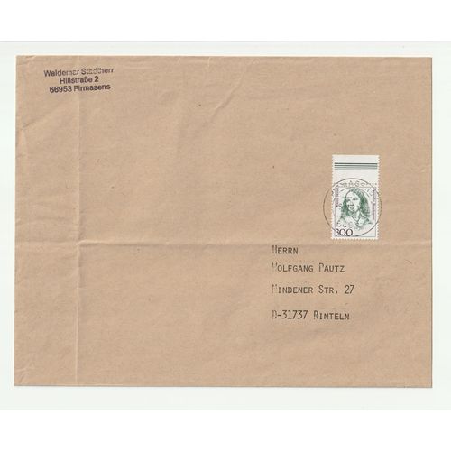 Timbre Sur Enveloppe (Trace De Plis Au Milieu Et A Gauche) Allemagne, Fanny Hensel Compositrice Et Pianiste Allemande 1989 N° 1265 Dimension 205 X 163 Mm