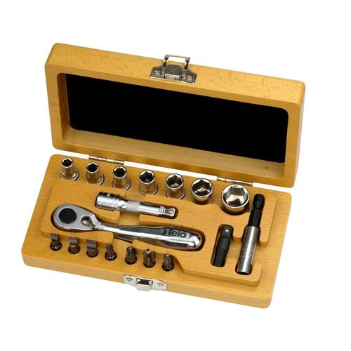 Boîte à outils en bois XS-Classic 1/4 avec Miniratsche, bits et épingles, 18 parties