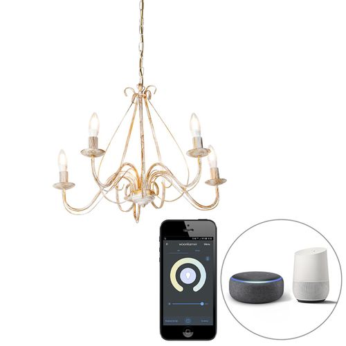 Qazqa Classique/Antique /Rustique /Rustique Smart Kroonluchter Wit 5-Lichts Incl. Wifi B35 - Giuseppe Acier Blanc,Crème Rond / Luminaire / Lumiere / Éclairage / Intérieur / Salon / Cuisine...