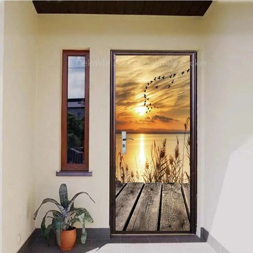 Autocollant de Porte Marron en Vinyle,Papier Peint Adhésif pour Portes Décoratives en Bois,Mars,Paysage de Passerelle 3D,pour Porte Avant en Acier