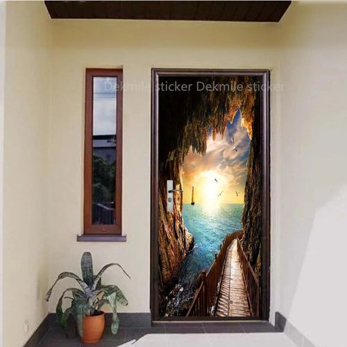Autocollant de Porte Marron en Vinyle,Papier Peint Adhésif pour Portes Décoratives en Bois,Mars,Paysage de Passerelle 3D,pour Porte Avant en Acier