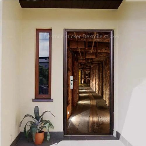 Autocollant de Porte Marron en Vinyle,Papier Peint Adhésif pour Portes Décoratives en Bois,Mars,Paysage de Passerelle 3D,pour Porte Avant en Acier