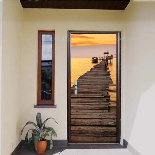 Autocollant de Porte Marron en Vinyle,Papier Peint Adhésif pour Portes Décoratives en Bois,Mars,Paysage de Passerelle 3D,pour Porte Avant en Acier