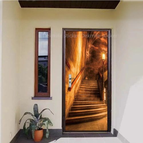Autocollant de Porte Marron en Vinyle,Papier Peint Adhésif pour Portes Décoratives en Bois,Mars,Paysage de Passerelle 3D,pour Porte Avant en Acier