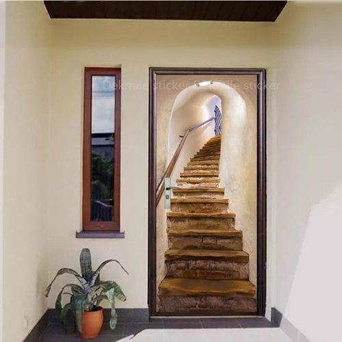 Autocollant de Porte Marron en Vinyle,Papier Peint Adhésif pour Portes Décoratives en Bois,Mars,Paysage de Passerelle 3D,pour Porte Avant en Acier