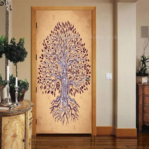 Autocollant de Porte Marron en Vinyle,Papier Peint Adhésif pour Portes Décoratives en Bois,Mars,Paysage de Passerelle 3D,pour Porte Avant en Acier