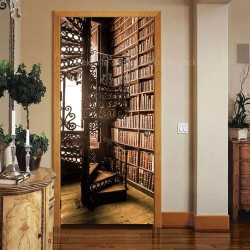 Autocollant de Porte Marron en Vinyle,Papier Peint Adhésif pour Portes Décoratives en Bois,Mars,Paysage de Passerelle 3D,pour Porte Avant en Acier