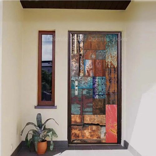 Autocollant de Porte Marron en Vinyle,Papier Peint Adhésif pour Portes Décoratives en Bois,Mars,Paysage de Passerelle 3D,pour Porte Avant en Acier