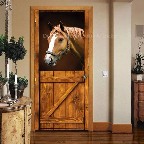Autocollant de Porte Marron en Vinyle,Papier Peint Adhésif pour Portes Décoratives en Bois,Mars,Paysage de Passerelle 3D,pour Porte Avant en Acier