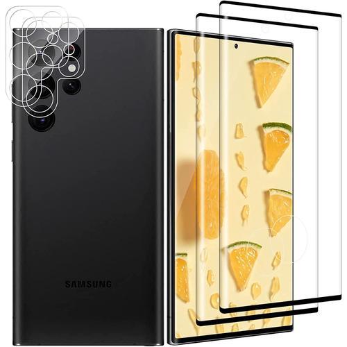 2+2 Pièces Verre Trempé Pour Samsung Galaxy S22 Ultra+Caméra Arrière Protecteur Antirayures Dureté 9h Sans Bulles Antichocs Antihuile Film Protection Écran Pour Galaxy S22 Ultra Noir