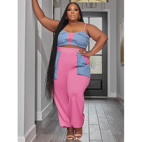 Wmstar-Ensemble Deux Pièces Patchwork Pour Femme",Pantalon De Survêtement Assressenti,Grande Taille,Été,