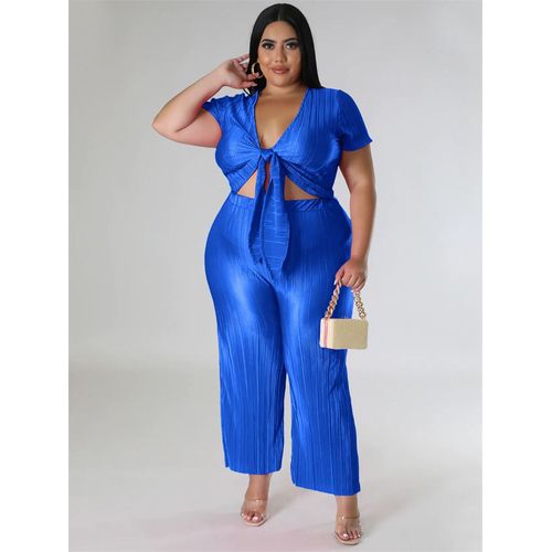 Wmstar-Ensemble 2 Pièces Pour Femme",Pantalon Et Pantalon Assortis,Grande Taille,Col En V,Jambes Larges,Dropshopping,"2023