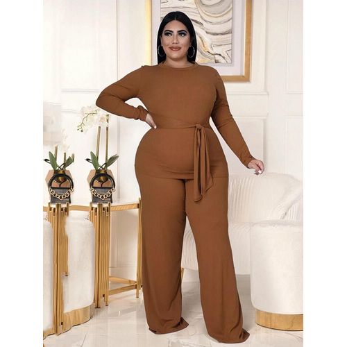 Ensemble Deux Pièces En Tricot Courbé Pour Femme",Haut Et Pantalon À Manches Sulf,Couleur Unie,"Grande Taille