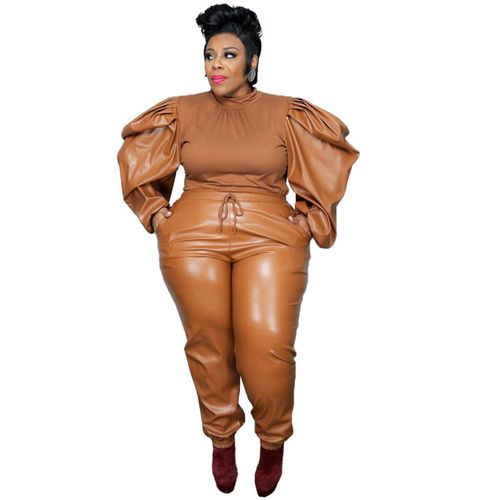 Wmstar-Ensemble Deux Pièces En Pu Pour Femme",Haut Et Pantalon Assortis,Manches Bouffantes,"Grande Taille