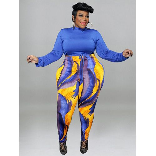 Ensemble Deux Pièces Bleu Royal Pour Femme",Haut Avec Manches,Pantalon Moulant,"Grande Taille