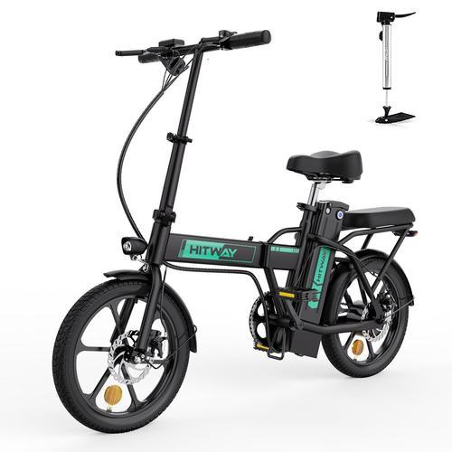 Hitway Vélo Électrique E-Bike Pliable 16" Ville ,Moteur 250w,Batterie 36v/8,4ah,3 Vitesses Max 25km/H,Pédalage Assisté,Autonomie 35-70km,Femme Homme Noir