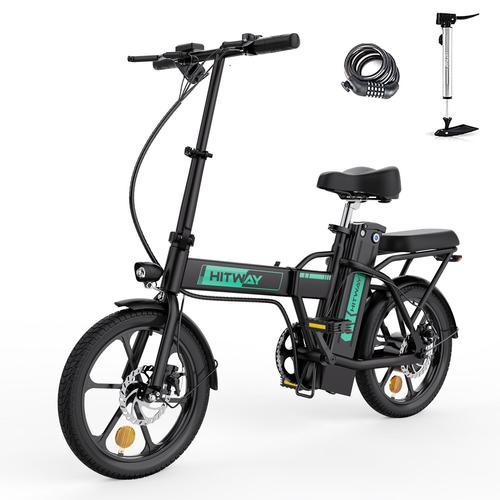 Hitway Vélo Électrique E-Bike Pliable 16" Ville ,Moteur 250w,Batterie 36v/8,4ah,3 Vitesses Max 25km/H,Pédalage Assisté,Autonomie 35-70km, Avec Serrure Noir