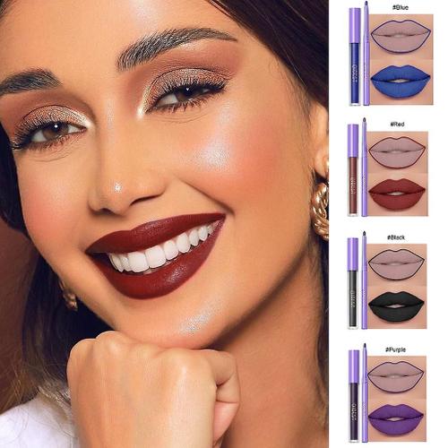 2pcs Matte Liquid Lipstick + Lip Liner Pens Set, One Step Lips Makeup Kits 