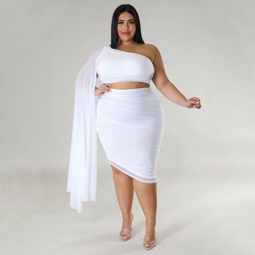 Cm.Yaya-Jupe Mi-Longue Aux Genoux Pour Femme",Grande Taille,Manches Longues,Haut Court,Tenue De Fête,2 Pièces,"2023