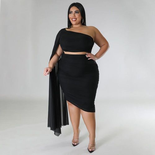 Cm.Yaya-Jupe Mi-Longue Aux Genoux Pour Femme",Grande Taille,Manches Longues,Haut Court,Tenue De Fête,2 Pièces,"2023