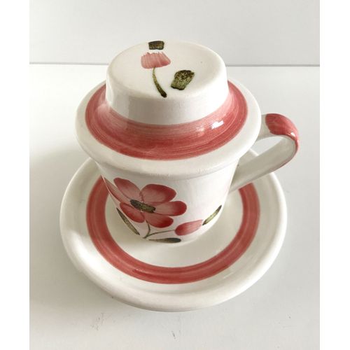 Céramique Faïence "Sarreguemines" Ensemble Grande Tasse Couvercle Soucoupe France