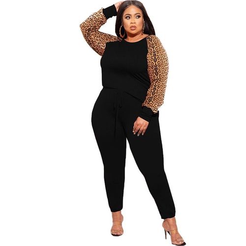 Ensemble 2 Pièces Patchwork Léopard Pour Femme",Haut Court,Leggings,Survêtement,Survêtement,Vêtements D'automne,"Grande Taille