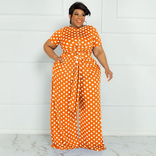 Cm.Yaya-Ensemble 2 Pièces Élégant À Pois Pour Femme",Survêtement D'été,T-Shirt Et Pantalon Large,Survêtement De Fitness,"Grande Taille
