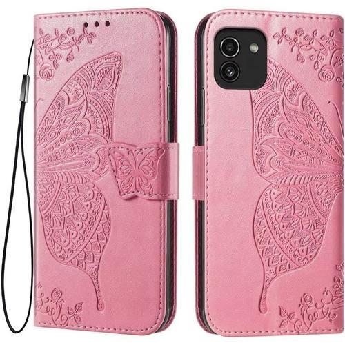 Coque Pour Samsung Galaxy A03, 6.5"" Etui Flip Magnétique Avec 3 Fentes Pour Cartes 1 Portefeuille, Housse Rose