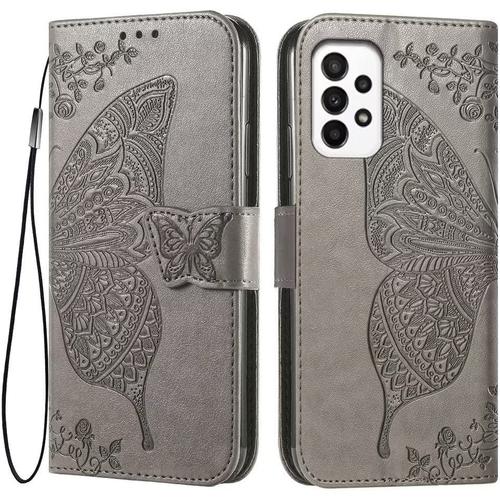 Coque Pour Samsung Galaxy A23 5g, 6.6"" Etui Flip Magnétique Avec 3 Fentes Pour Cartes 1 Portefeuille, Housse Gris