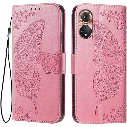 Coque Pour Honor 50 / Huawei Nova 9, 6.52"" Etui Flip Magnétique Avec 3 Fentes Pour Cartes 1 Portefeuille, Housse Rose