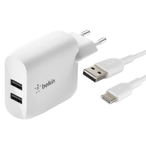 Chargeur Secteur Double USB 24W avec Câble USB-C 1m Belkin Boost Charge Blanc