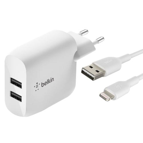 Chargeur Secteur Double USB 24W et Câble Lightning 1m Belkin Boost Charge Blanc