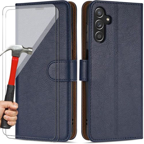 Lot De 2 Verres Trempés+ Coque Pour Samsung A14 5g Intégrale Anti-Rayure Effet Cuir Bleu Marine - E.F.Connection