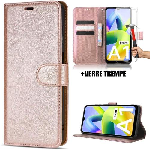 Coque Pour Xiaomi Redmi A1 + 2 Verres Trempés, Protection Effet Cuir Rose Fermeture Magnétique - E.F.Connection