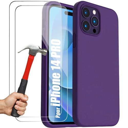 Coque Pour Iphone 14 Pro Silicone Ultra Slim Violet Foncé + 2 Protection D'écran Verre Trempé - E.F.Connection
