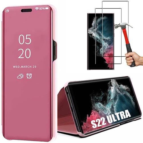 Coque Pour Samsung Galaxy S22 Ultra Effet Miroir Rose + 2 Verres Trempés - E.F.Connection