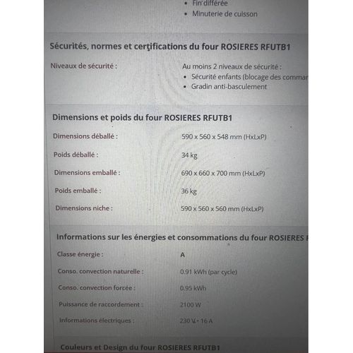 Four ROSIERES encastrable multifonctions (gril, chaleur tournante, convection naturelle)