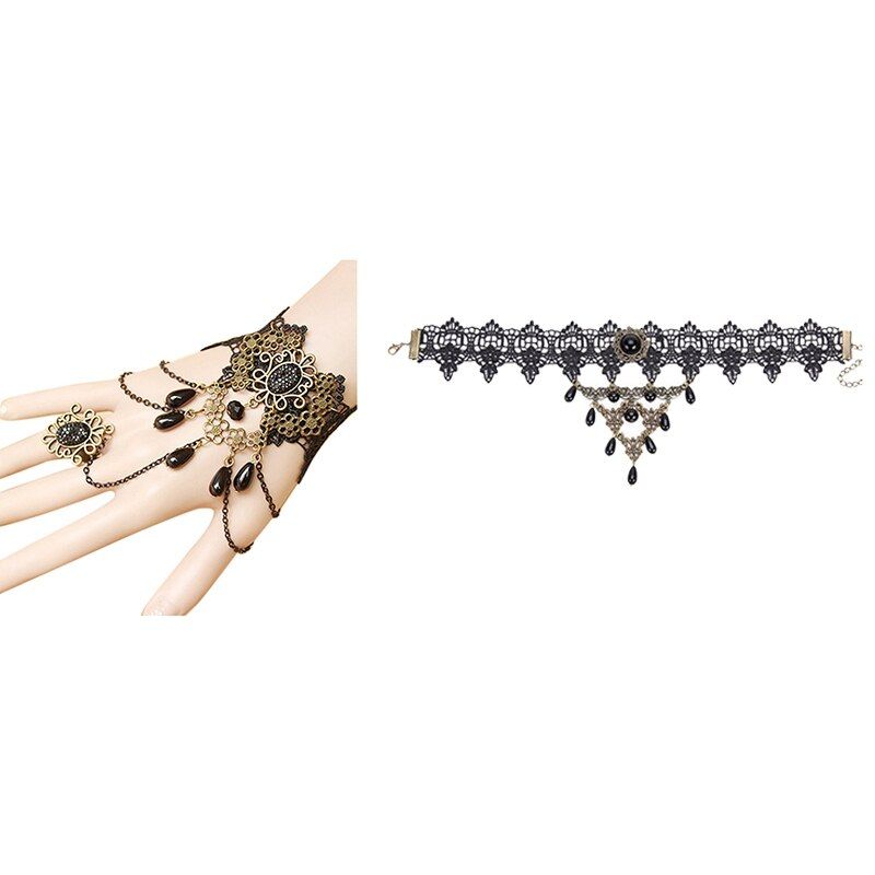 Ensemble Halloween Collier En Dentelle Perle Sautoir Style Rétro Noir Dentelle Sue Bracelet