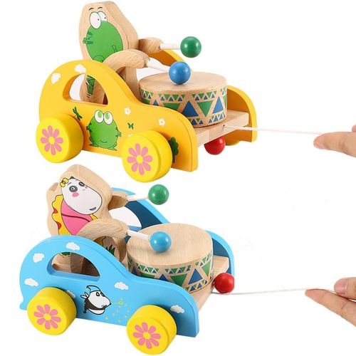 Jouet De Voiture En Bois Pour Bébés Et Tout-Petits, Avec Des Animaux De Dessin Animé, Tambour, Chariot À Pousser Et À Tirer