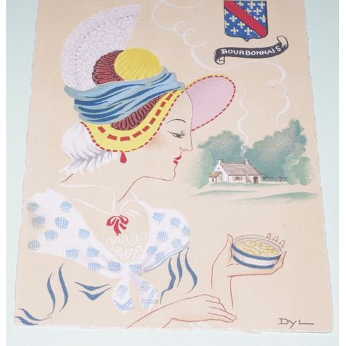 Carte Postale Aquarelle- Costume Et Blason Du Bourbonnais- Éditeurs Barré-Dayez