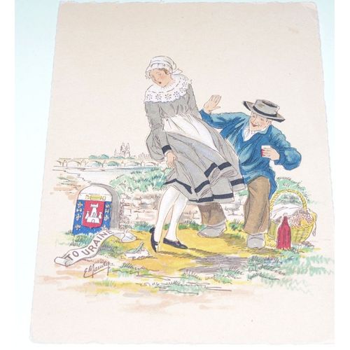Carte Postale Aquarelle- Costume Et Blason De La Touraine- Éditeurs Barré-Dayez