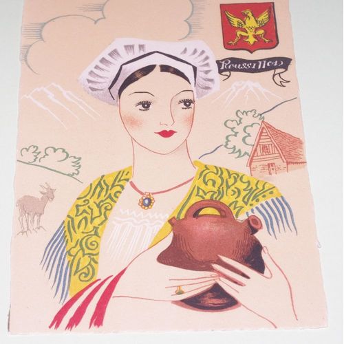 Carte Postale Aquarelle - Costume Et Blason Roussillon - Éditeurs Barré-Dayez