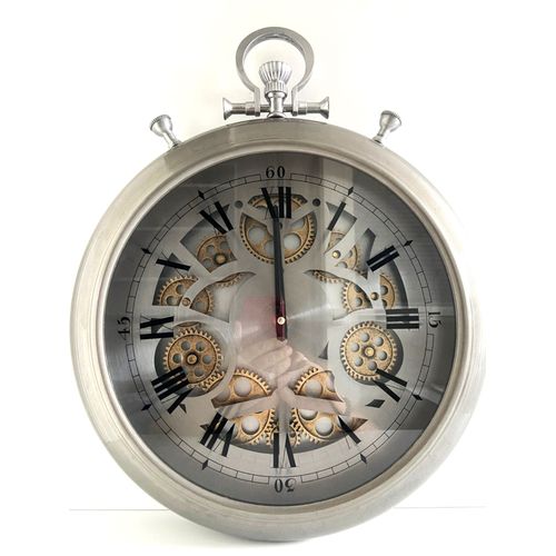 Grande Horloge Pendule Design Style Montre de Gousset Métal Brossé Gris Industriel.