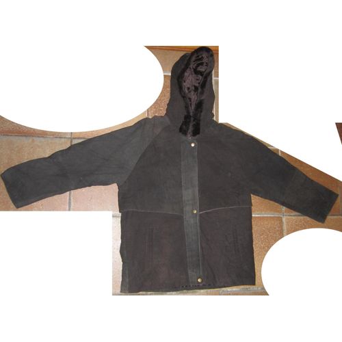 Blouson Anorak En Cuir À Capuche Taille 42 / 44 Noir Bordure De La Capuche Fausse Fourrure 3 Poches