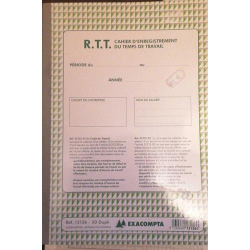R.T.T Cahier D'enregistrement Du Temps De Travail Exacompta 