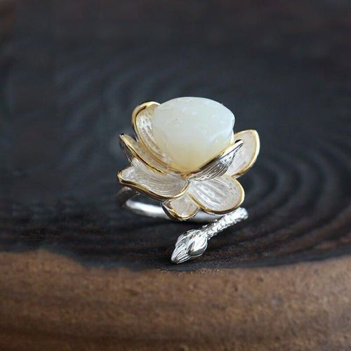 Bague Ouverte En Argent Sterling, Lotus En Jade Hetian Naturel Fait À La Main, Modèle Féminin De Tempérament Rétro Atmosphérique, Nouvelle Collection