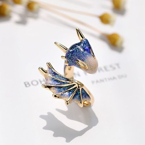 Bague Ouverte En Forme De Petit Dragon Bleu Coloré À Ciel Étoilé, Bijou En Argent De Type Breloque Au Design Original, Artisanat Frais Et Unique Pour Femme