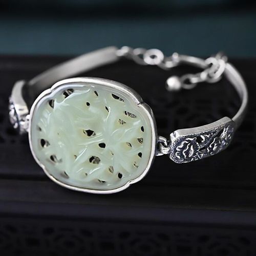 Bracelet Ouvert En Argent Incrusté De Jade Naturel Hetian, Fleur Creuse, Accessoires Rétro De Style Chinois Exquis Pour Femmes