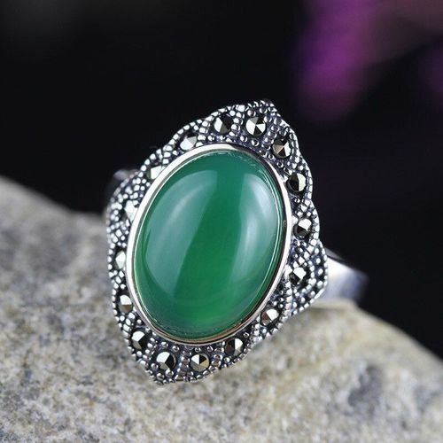 Bague En Jade Vert Véritable Pour Femmes, Bague En Calcédoine, Émeraude Redimensionnable, En Argent Sterling 925, Bijoux De Marque